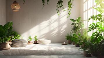 ai gerado uma pacífico meditação quarto adornado com plantas e natural elementos foto
