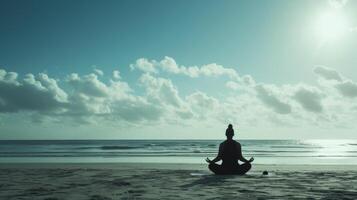 ai gerado uma silhueta meditador praticando ioga em uma tranquilo praia, conectando mente, corpo, e espírito foto