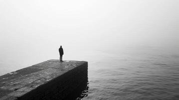 ai gerado uma pequeno figura em pé às a Beira do a oceano, contemplando a vastidão com curiosidade e temor foto