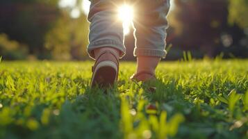 ai gerado uma infantil primeiro passos em uma gramíneo campo, com estendido mãos alcançando para Saldo foto