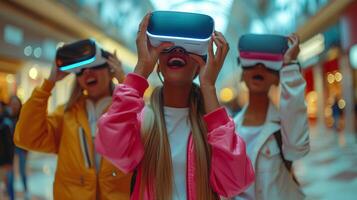 ai gerado amigos tentando Fora vr experiências dentro uma shopping center, seus animado reações pegando a atenção do transeuntes foto