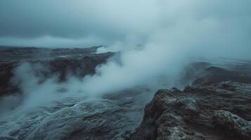 ai gerado geotérmico energia poços liberando vapor dentro vulcânico paisagens, tocando para dentro a da terra calor foto