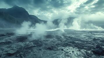 ai gerado geotérmico energia poços liberando vapor dentro vulcânico paisagens, tocando para dentro a da terra calor foto