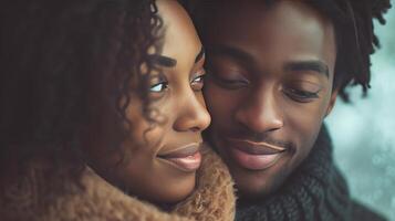 ai gerado com uma concurso olhar, a Preto casal ações uma momento do puro amor, capturado belas em Câmera foto