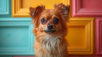 ai gerado adorável fofo cachorros contra uma minimalista pano de fundo com brincalhão geométrico formas e pastel cores foto