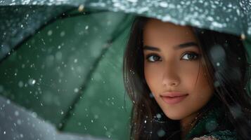 ai gerado uma lindo menina carrinhos debaixo uma verde guarda-chuva dentro a chuva e parece às a Câmera sorridente ampla copyspace área foto