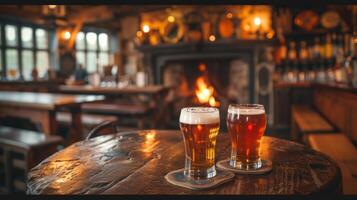 ai gerado uma acolhedor campo bar, com óculos do cerveja e cidra servido ao lado forte bar tarifa e rugindo incêndios foto