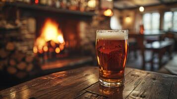 ai gerado uma acolhedor campo bar, com óculos do cerveja e cidra servido ao lado forte bar tarifa e rugindo incêndios foto