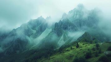 ai gerado uma dramático panorama tiro do uma áspero montanha faixa, inspirador aventura e exploração foto