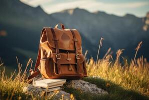 ai gerado uma caminhada mochila e a aberto livro sentar acima Alto perto a montanha foto