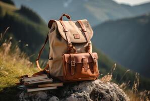 ai gerado uma caminhada mochila e a aberto livro sentar acima Alto perto a montanha foto