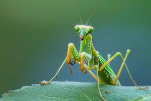 ai gerado uma macro fotografia do uma Rezar louva a Deus empoleirado em uma folha foto