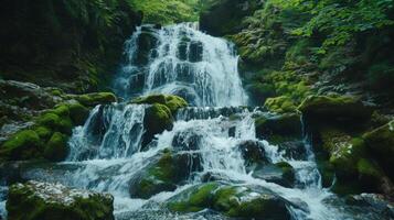 ai gerado uma majestoso cascata em cascata baixa coberto de musgo rochas, capturando a cru poder e beleza do natureza foto