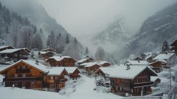 ai gerado uma pitoresco Vila aninhado dentro a suíço Alpes, com de madeira chalés e coberto de neve picos criando uma conto de fadas cena foto