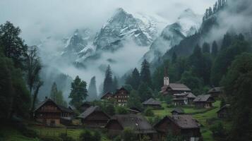 ai gerado uma pitoresco Vila aninhado dentro a suíço Alpes, com de madeira chalés e coberto de neve picos criando uma conto de fadas cena foto