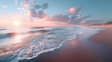 ai gerado uma tranquilo de praia às nascer do sol, Onde pastel matizes pintura a céu e □ Gentil ondas colo contra a costa foto