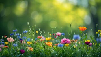 ai gerado uma tranquilo Prado inundado com flores silvestres, cada flor uma rebentar do cor contra uma pano de fundo do exuberante vegetação foto