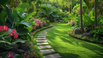 ai gerado uma tranquilo jardim oásis, com exuberante folhagem, enrolamento caminhos, e florescendo flores dentro cada sombra imaginável foto