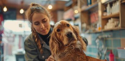 ai gerado uma mulher é aliciamento dela cachorro às uma salão foto