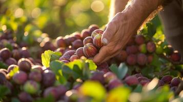 ai gerado no meio antigo FIG árvores, mãos reunir maduro fruta. manchado luz solar, terreno aroma foto