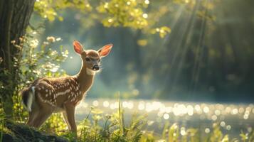 ai gerado capturar a serenidade do natureza. uma pequeno veado encarando Fora a partir de a floresta foto