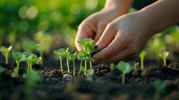 ai gerado abraço a beleza do sustentável vivendo. mãos delicadamente plantio orgânico vegetal sementes dentro rico em nutrientes solo foto