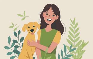 ai gerado feliz mulher com cachorro, sorridente foto