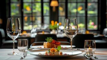 ai gerado saciar dentro a requintado bem jantar experiência. elegante mesa configuração foto