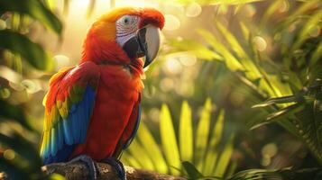 ai gerado realçar a vibração do uma papagaio. vibrante plumagem do uma papagaio empoleirado em uma exuberante árvore ramo foto