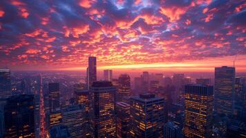 ai gerado a icônico Horizonte do uma paisagem urbana, com imponente arranha-céus iluminado contra a pano de fundo do uma fogosa pôr do sol foto