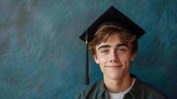 ai gerado jovem bonito cara vestindo uma graduação boné olhando às a Câmera e sorridente contra uma minimalista azul fundo foto