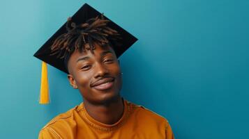 ai gerado jovem bonito cara vestindo uma graduação boné olhando às a Câmera e sorridente contra uma minimalista azul fundo foto