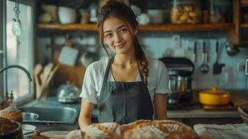 ai gerado uma mulher carrinhos dentro a cozinha. foto