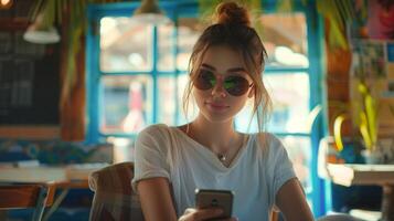 ai gerado uma jovem lindo mulher com dela cabelo amarrado dentro uma rabo de cavalo e vestindo oculos de sol senta dentro uma Vila cafeteria foto