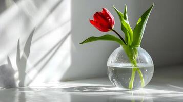 ai gerado uma solteiro vermelho flor dentro uma Claro vaso foto