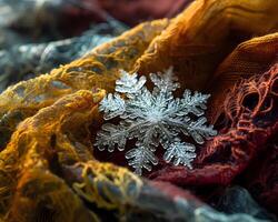 ai gerado uma fechar acima do uma floco de neve em uma cachecol foto