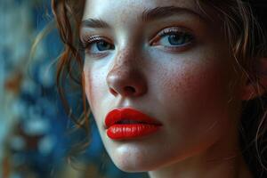 ai gerado beleza retrato do uma jovem mulher com vermelho batom. foto
