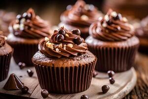 ai gerado saboroso chocolate bolos de copo em uma de madeira prato foto