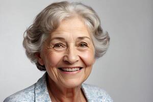 ai gerado fechar-se estúdio retrato do uma sorridente idosos senhora olhando às a Câmera. foto