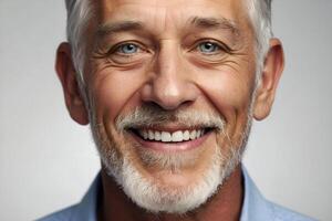 ai gerado fechar-se retrato do uma sorridente Mais velho homem com cinzento cabelo e barba. estúdio fotografia. dental propaganda imagem. foto