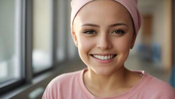 ai gerado risonho Forte menina brigando Câncer com Rosa cachecol em a cabeça foto