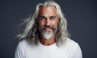 ai gerado sorridente homem com branco grandes à moda cabelo isolado em cinzento fundo foto