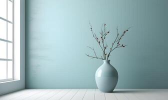 ai gerado esvaziar interior fundo quarto com azul parede e branco flor dentro vaso. foto
