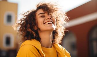 ai gerado feliz menina com perfeito rindo e sorridente. foto