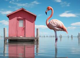 ai gerado Rosa flamingo em pé dentro a água em uma lindo tropical de praia. foto