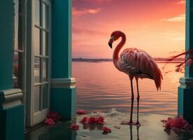 ai gerado Rosa flamingo em pé dentro a água em uma lindo tropical de praia. foto