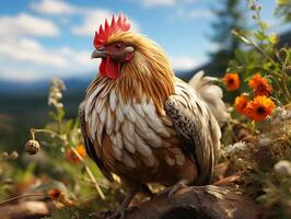 ai gerado frango dentro a Prado em uma fundo do flores silvestres foto