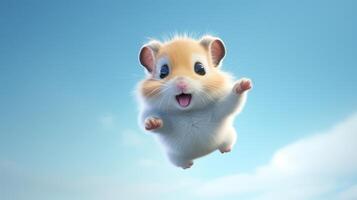 ai gerado vôo fofa pequeno hamster personagem em azul céu fundo. foto