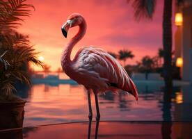 ai gerado Rosa flamingo em pé dentro a água em uma lindo tropical de praia. foto