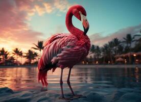 ai gerado Rosa flamingo em pé dentro a água em uma lindo tropical de praia. foto